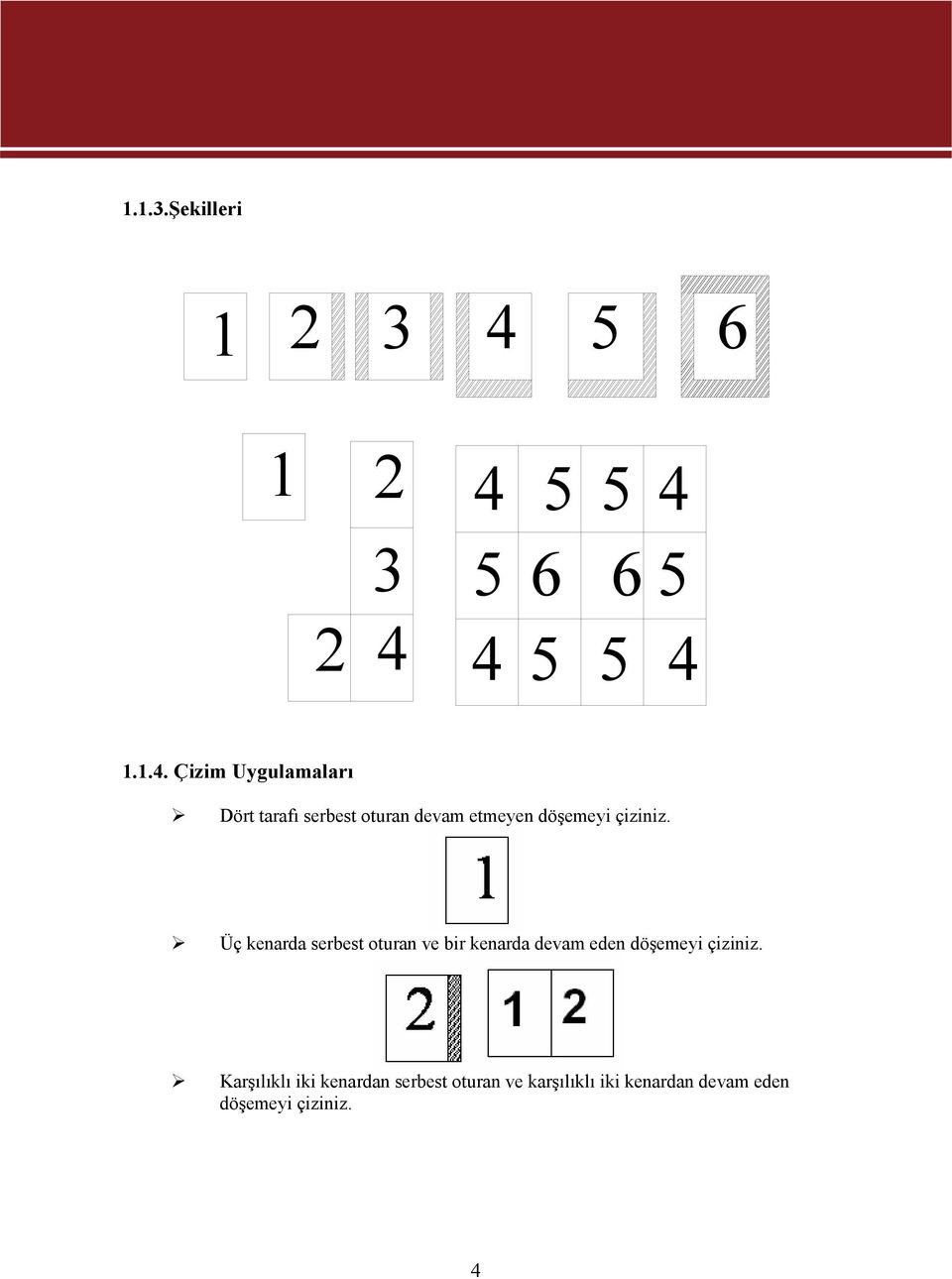 4 5 5 4 5 6 6 5 4 5 5 4 1.1.4. Çizim Uygulamaları Dört tarafı serbest oturan