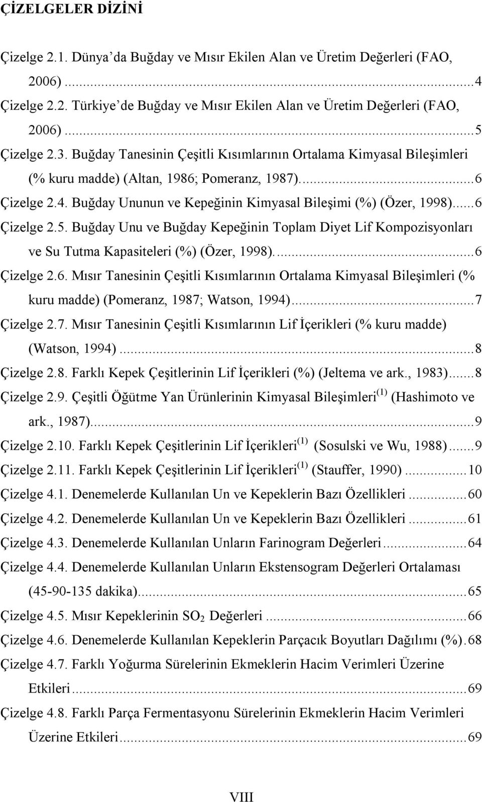 ..6 Çizelge 2.5. Buğday Unu ve Buğday Kepeğinin Toplam Diyet Lif Kompozisyonları ve Su Tutma Kapasiteleri (%) (Özer, 1998)...6 Çizelge 2.6. Mısır Tanesinin Çeşitli Kısımlarının Ortalama Kimyasal Bileşimleri (% kuru madde) (Pomeranz, 1987; Watson, 1994).