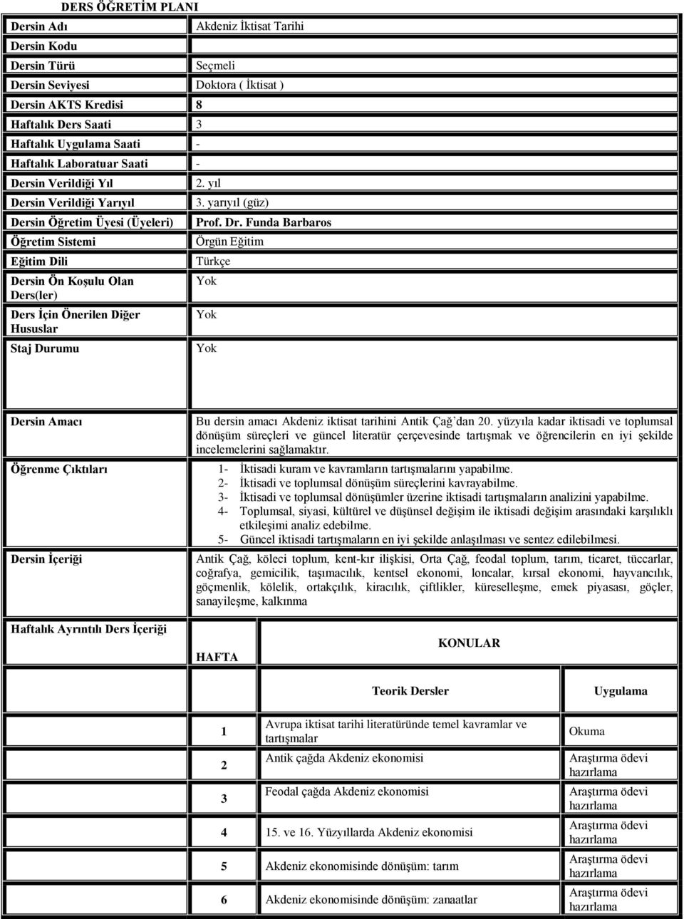 Durumu. yıl 3. yarıyıl (güz) Prof. Dr. Funda Barbaros Örgün Eğitim Türkçe Dersin Amacı Öğrenme Çıktıları Dersin İçeriği Bu dersin amacı Akdeniz iktisat tarihini Antik Çağ dan 0.