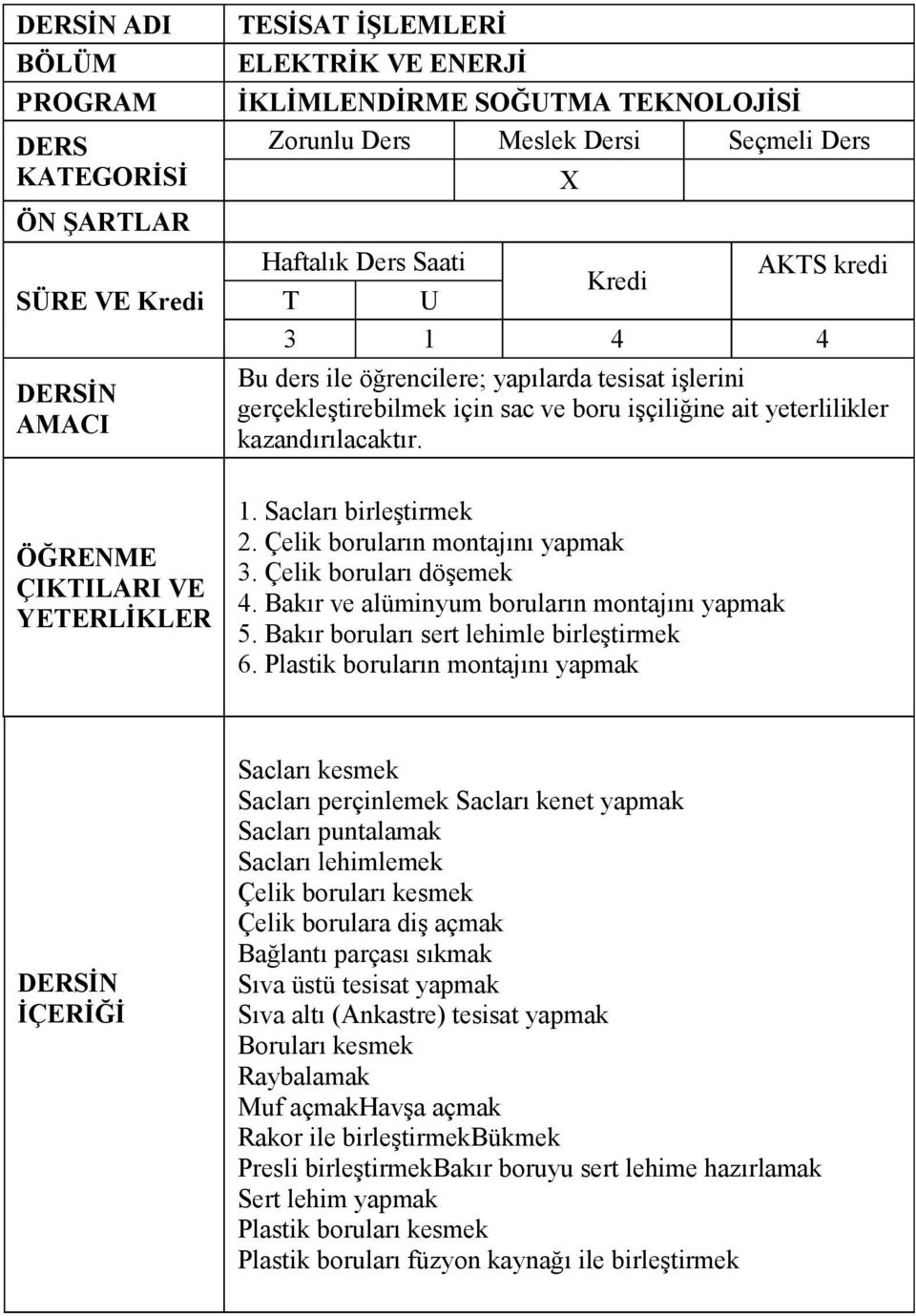 Plastik boruların montajını yapmak Sacları kesmek Sacları perçinlemek Sacları kenet yapmak Sacları puntalamak Sacları lehimlemek Çelik boruları kesmek Çelik borulara diş açmak Bağlantı parçası sıkmak