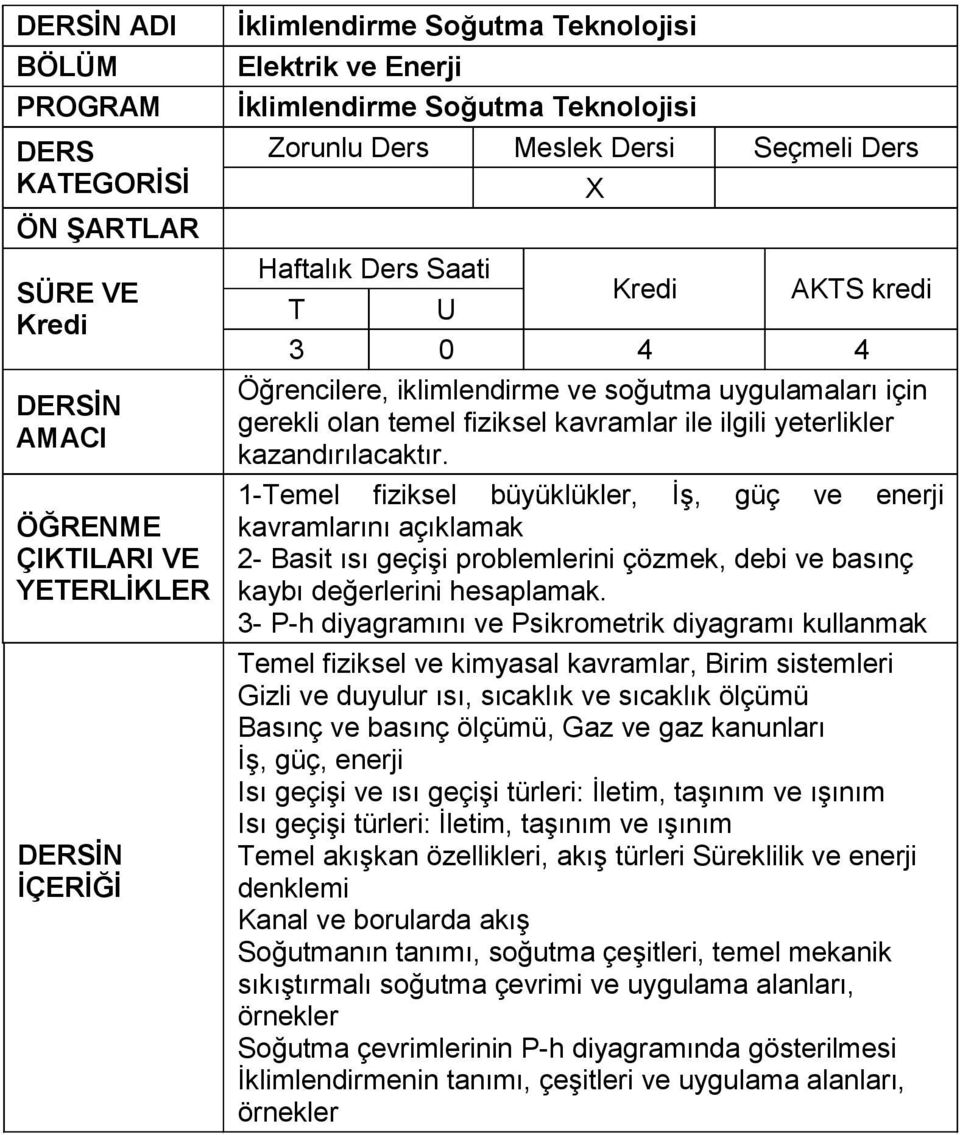 1-Temel fiziksel büyüklükler, İş, güç ve enerji kavramlarını açıklamak 2- Basit ısı geçişi problemlerini çözmek, debi ve basınç kaybı değerlerini hesaplamak.