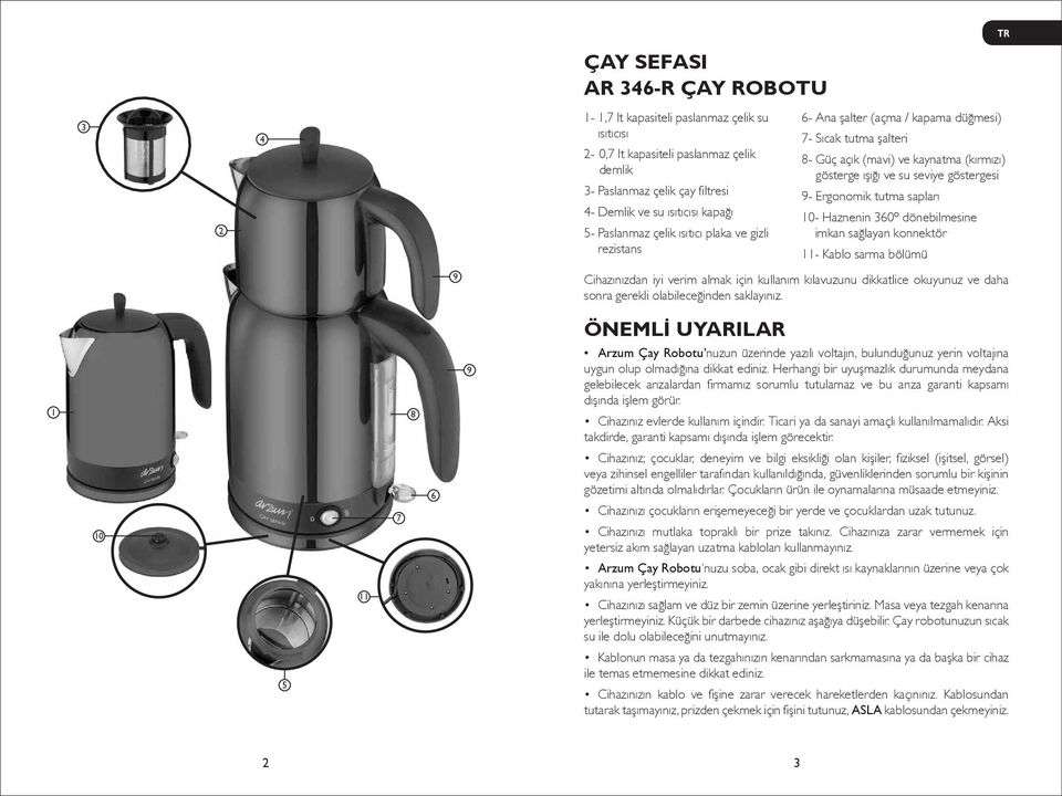 Ergonomik tutma sapları 10- Haznenin 360º dönebilmesine imkan sağlayan konnektör 11- Kablo sarma bölümü 9 Cihazınızdan iyi verim almak için kullanım kılavuzunu dikkatlice okuyunuz ve daha sonra