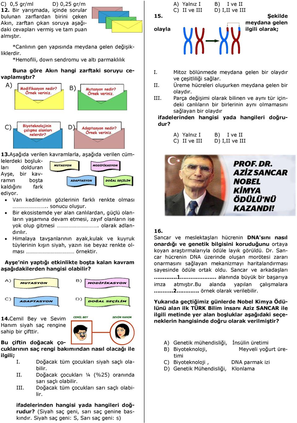 A) C) 13.Aşağıda verilen kavramlarla, aşağıda verilen cümlelerdeki boşlukları dolduran Ayşe, bir kavramın boşta kaldığını fark ediyor. Van kedilerinin gözlerinin farklı renkte olması.. sonucu oluşur.