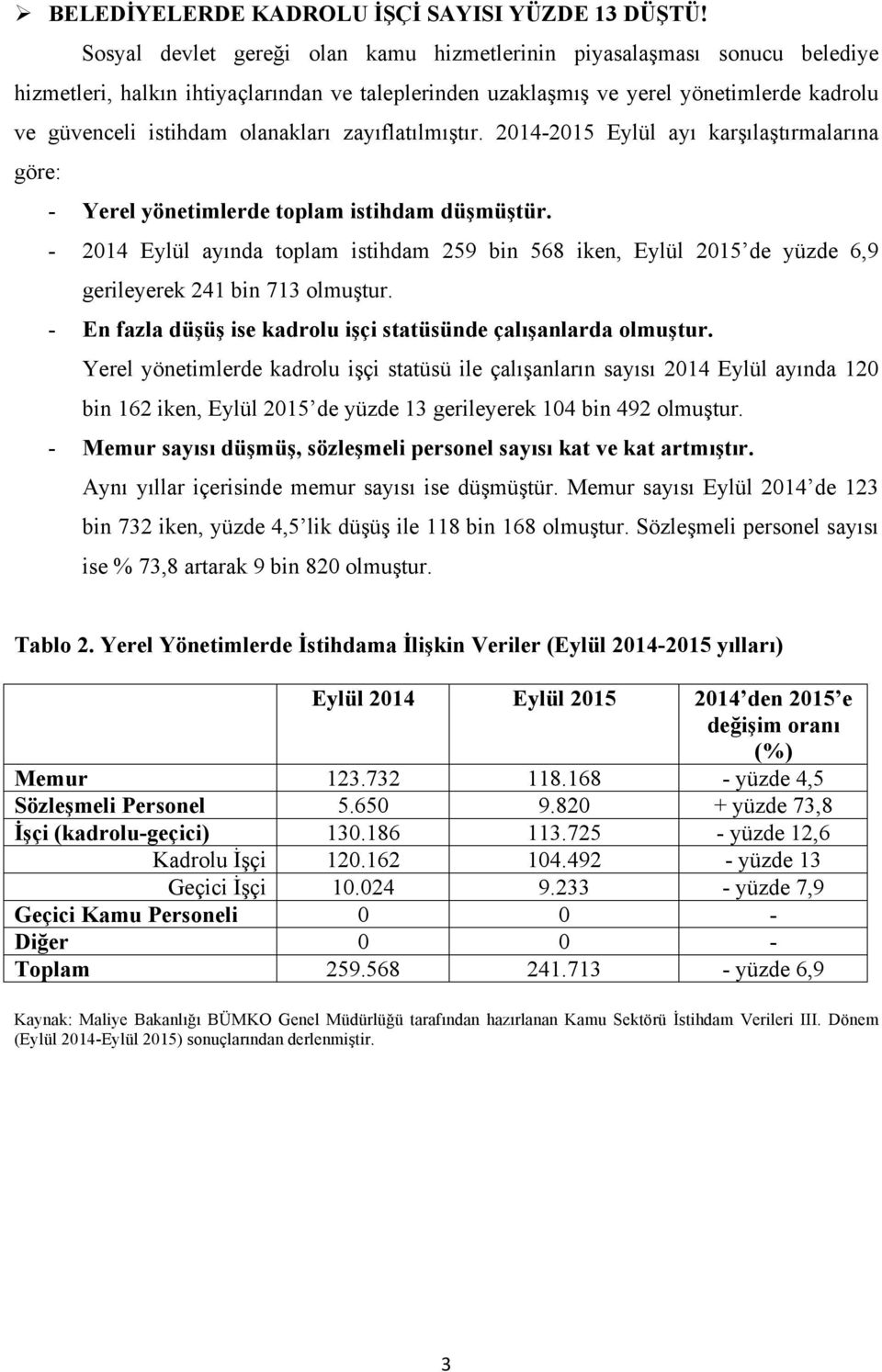 olanakları zayıflatılmıştır. 2014-2015 Eylül ayı karşılaştırmalarına göre: - Yerel yönetimlerde toplam istihdam düşmüştür.