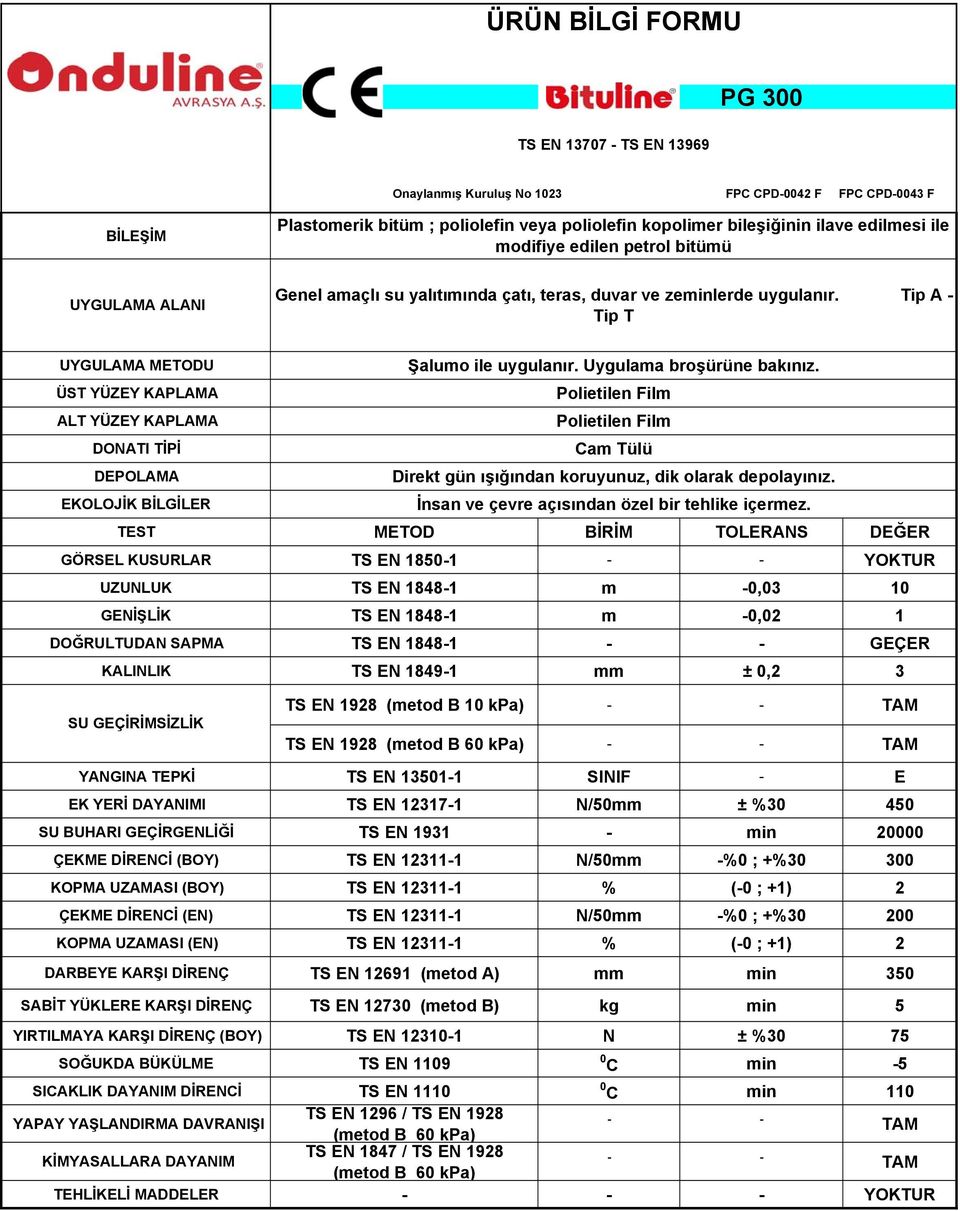 ; +1) 2 ÇEKME DİRENCİ (EN) TS EN 12311-1 N/50mm -%0 ; +%30 200 KOPMA UZAMASI (EN) TS EN 12311-1 % (-0 ; +1) 2 DARBEYE KARŞI DİRENÇ TS EN 12691 (metod A)