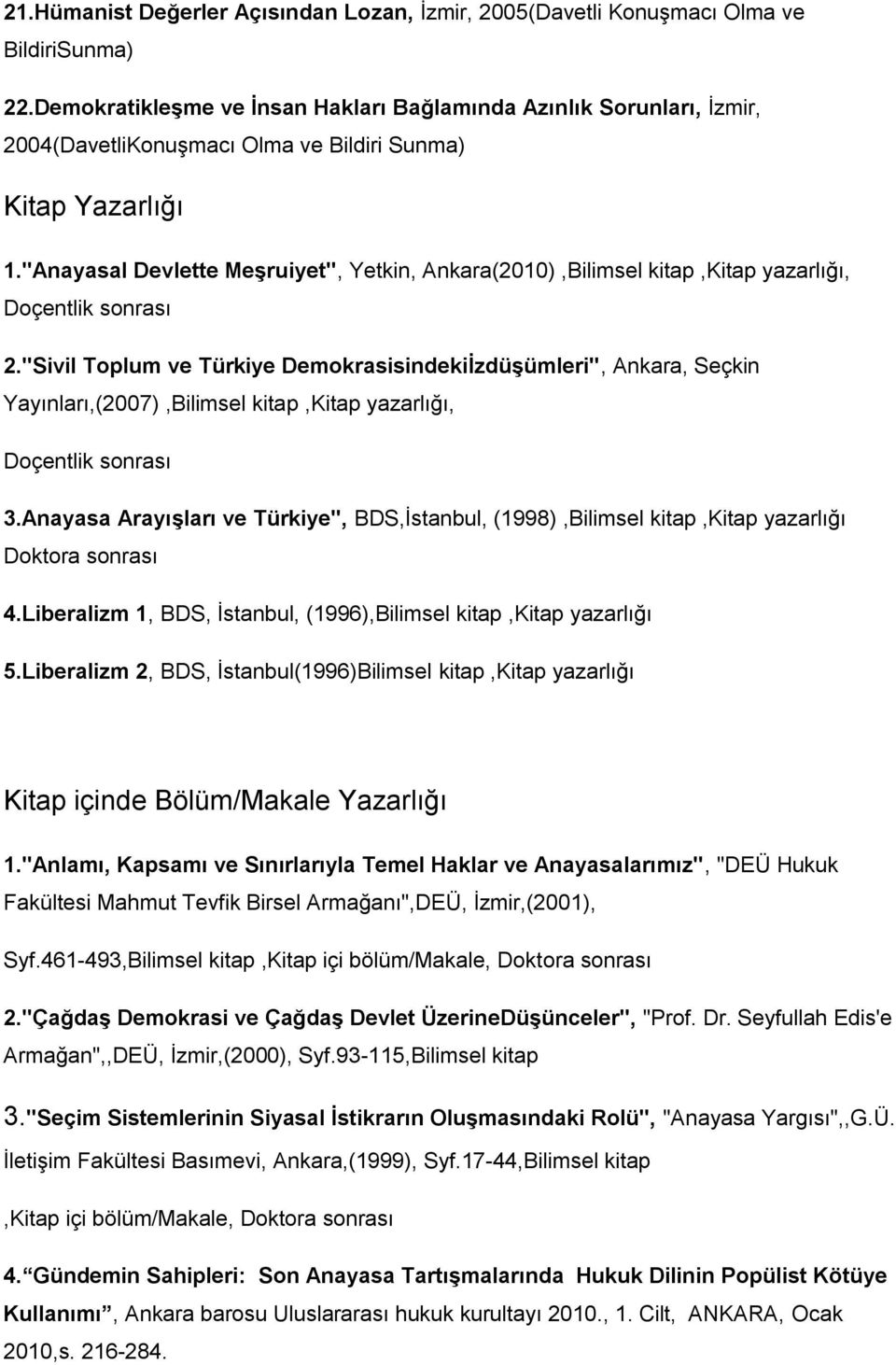 "Anayasal Devlette Meşruiyet", Yetkin, Ankara(2010),Bilimsel kitap,kitap yazarlığı, 2.