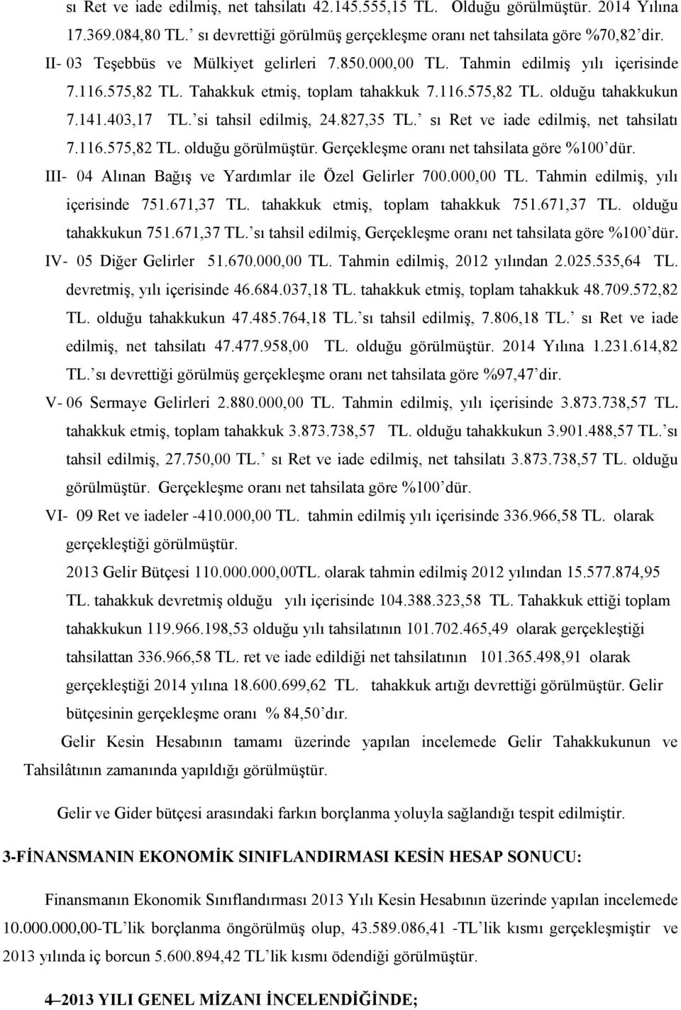 si tahsil edilmiş, 24.827,35 TL. sı Ret ve iade edilmiş, net tahsilatı 7.116.575,82 TL. olduğu görülmüştür. Gerçekleşme oranı net tahsilata göre %100 dür.