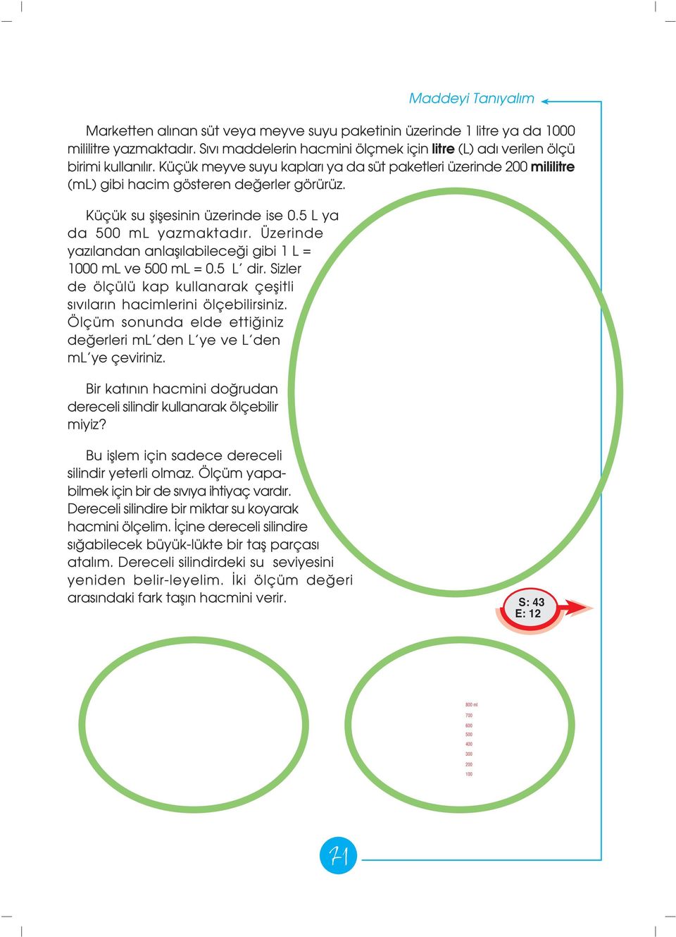 Üzerinde yaz landan anlafl labilece i gibi 1 L = 1000 ml ve 500 ml = 0.5 L dir. Sizler de ölçülü kap kullanarak çeflitli s v lar n hacimlerini ölçebilirsiniz.