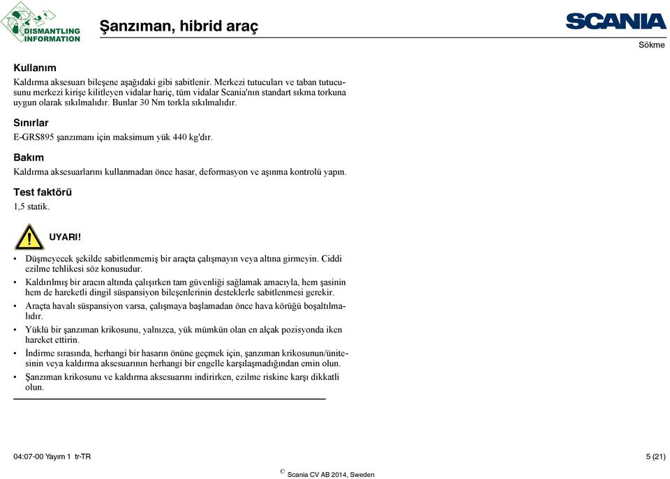 Sınırlar E-GRS895 şanzımanı için maksimum yük 440 kg'dır. Bakım Kaldırma aksesuarlarını kullanmadan önce hasar, deformasyon ve aşınma kontrolü yapın. Test faktörü 1,5 statik. UYARI!