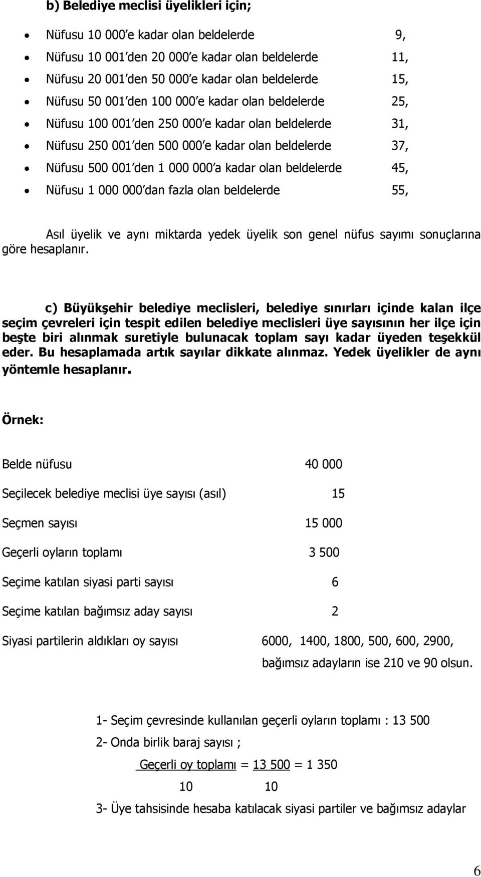 beldelerde 45, Nüfusu 1 000 000 dan fazla olan beldelerde 55, Asıl üyelik ve aynı miktarda yedek üyelik son genel nüfus sayımı sonuçlarına göre hesaplanır.