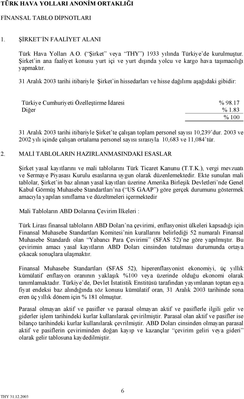 31 Aralık 2003 tarihi itibariyle Şirket in hissedarları ve hisse dağılımı aşağıdaki gibidir: Türkiye Cumhuriyeti Özelleştirme İdaresi % 98.17 Diğer % 1.