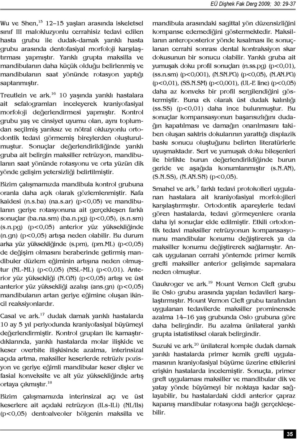 16 10 yaşında yarıklı hastalara ait sefalogramları inceleyerek kraniyofasiyal morfoloji değerlendirmesi yapmıştır.