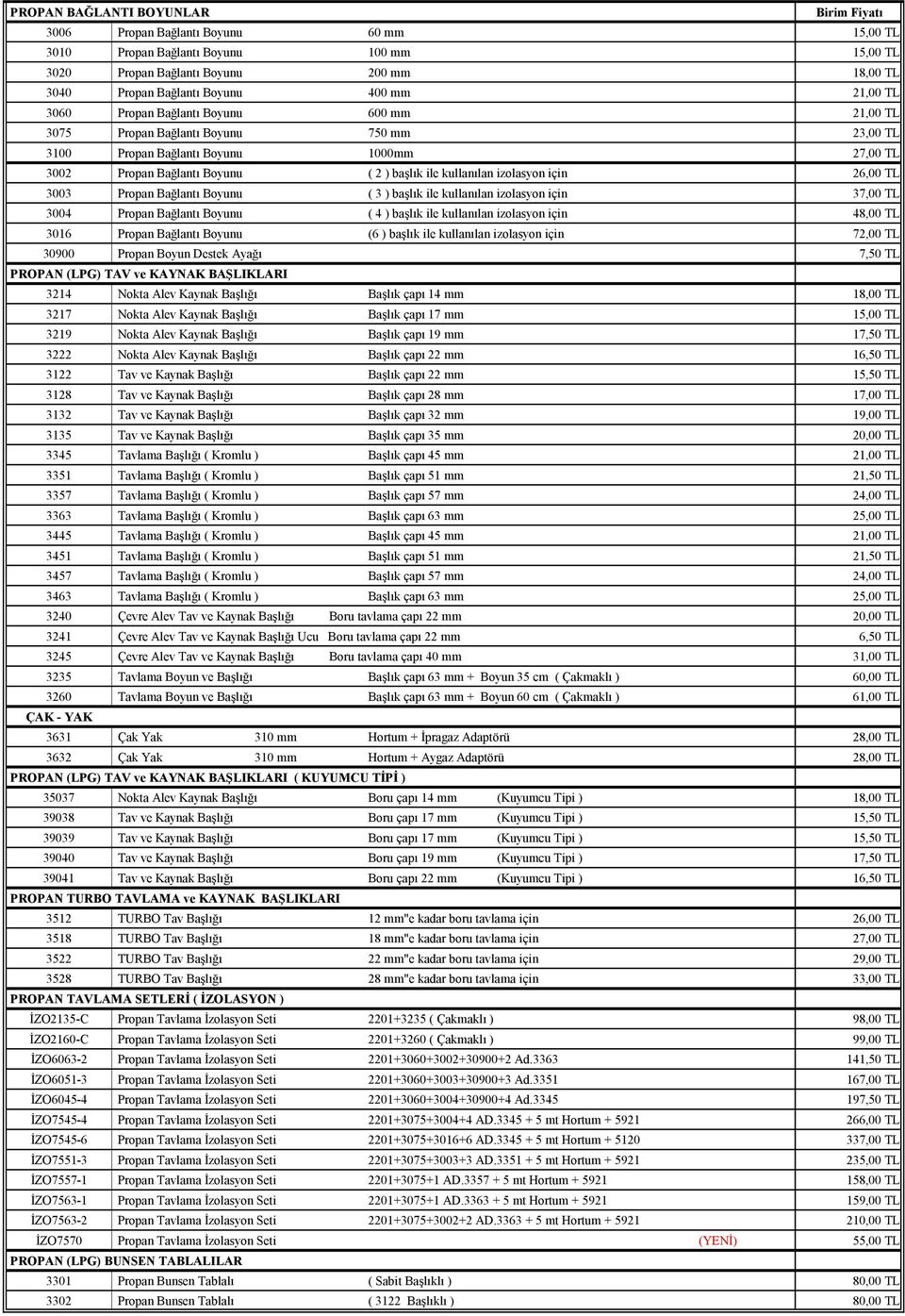 için 26,00 TL 3003 Propan Bağlantı Boyunu ( 3 ) başlık ile kullanılan izolasyon için 37,00 TL 3004 Propan Bağlantı Boyunu ( 4 ) başlık ile kullanılan izolasyon için 48,00 TL 3016 Propan Bağlantı