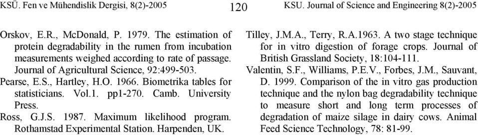 Biometrika tables for statisticians. Vol.1. pp1-270. Camb. University Press. Ross, G.J.S. 1987. Maximum likelihood program. Rothamstad Experimental Station. Harpenden, UK. Tilley, J.M.A., Terry, R.A.1963.