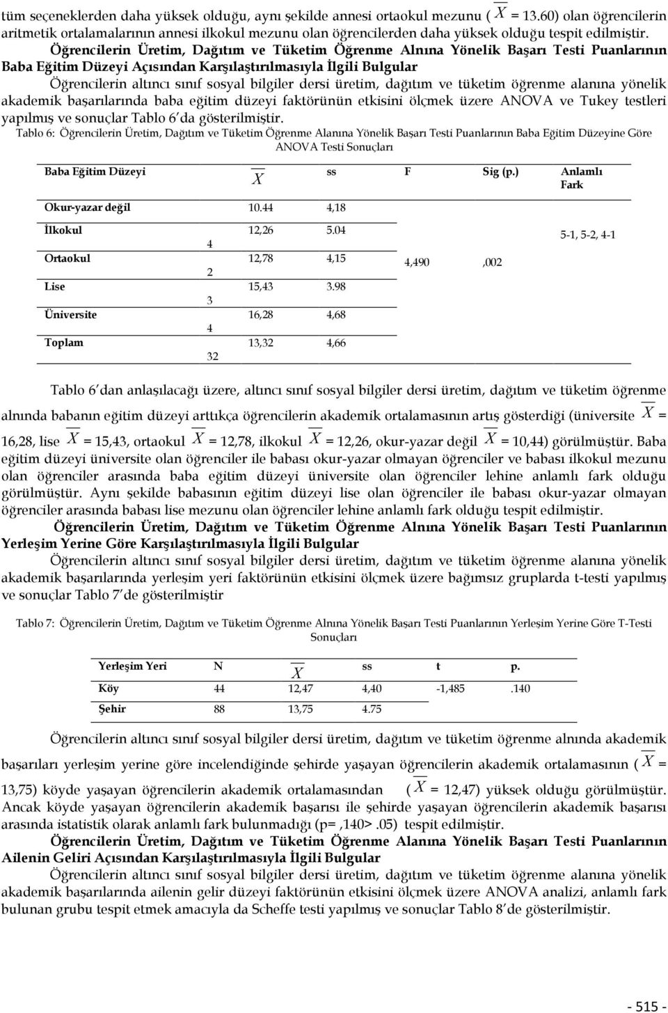 Öğrencilerin Üretim, Dağıtım ve Tüketim Öğrenme Alnına Yönelik Başarı Testi Puanlarının Baba Eğitim Düzeyi Açısından Karşılaştırılmasıyla İlgili Bulgular akademik başarılarında baba eğitim düzeyi