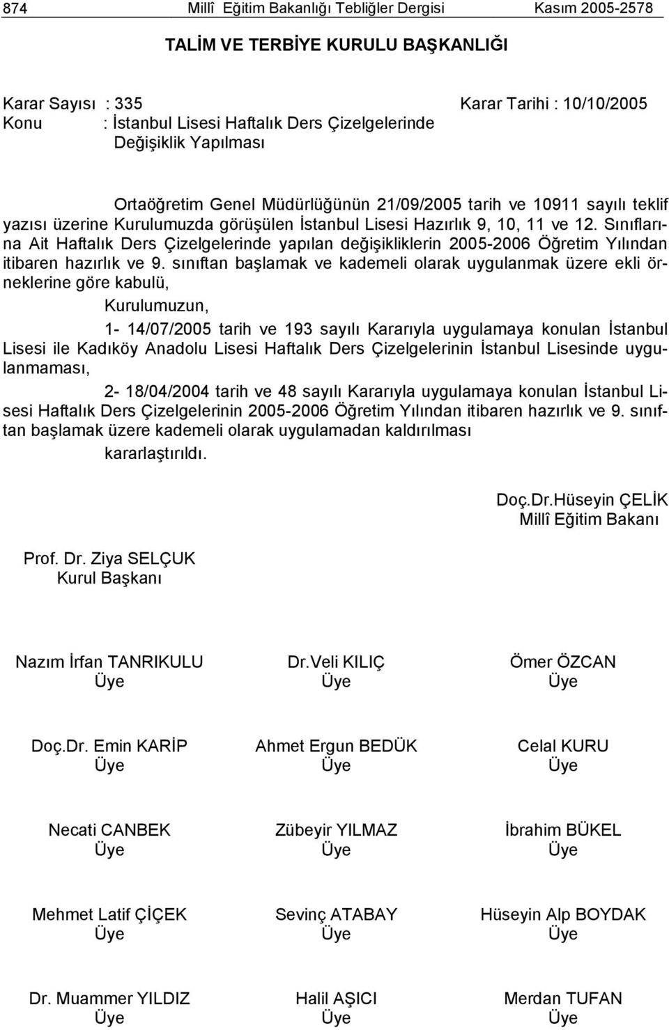 Sınıflarına Ait Haftalık Ders Çizelgelerinde yapılan değişikliklerin 2005-2006 Öğretim Yılından itibaren hazırlık ve 9.