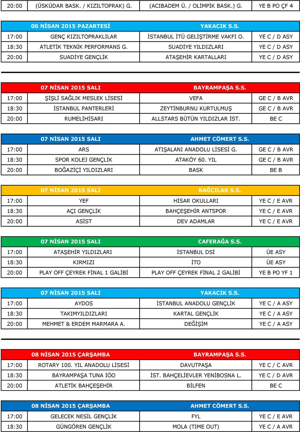 BE C 07 NİSAN 2015 SALI AHMET CÖMERT S.S. 17:00 ARS ATIŞALANI ANADOLU LİSESİ G. GE C / B AVR 18:30 SPOR KOLEJ GENÇLİK ATAKÖY 60.