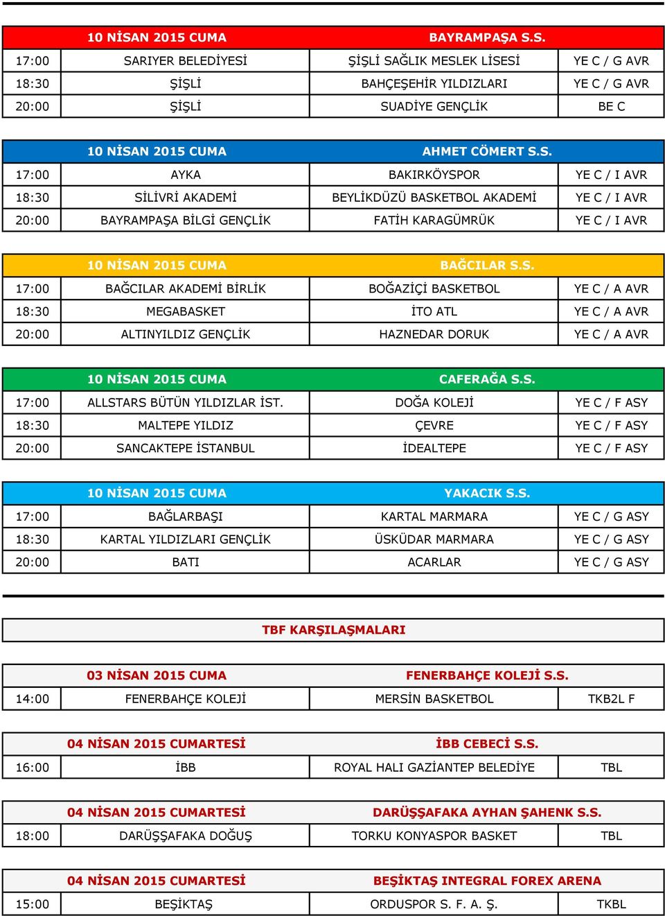 S. 17:00 ALLSTARS BÜTÜN YILDIZLAR İST. DOĞA KOLEJİ YE C / F ASY 18:30 MALTEPE YILDIZ ÇEVRE YE C / F ASY 20:00 SANCAKTEPE İSTANBUL İDEALTEPE YE C / F ASY 10 NİSAN 2015 CUMA YAKACIK S.S. 17:00 BAĞLARBAŞI KARTAL MARMARA YE C / G ASY 18:30 KARTAL YILDIZLARI GENÇLİK ÜSKÜDAR MARMARA YE C / G ASY 20:00 BATI ACARLAR YE C / G ASY TBF KARŞILAŞMALARI 03 NİSAN 2015 CUMA FENERBAHÇE KOLEJİ S.