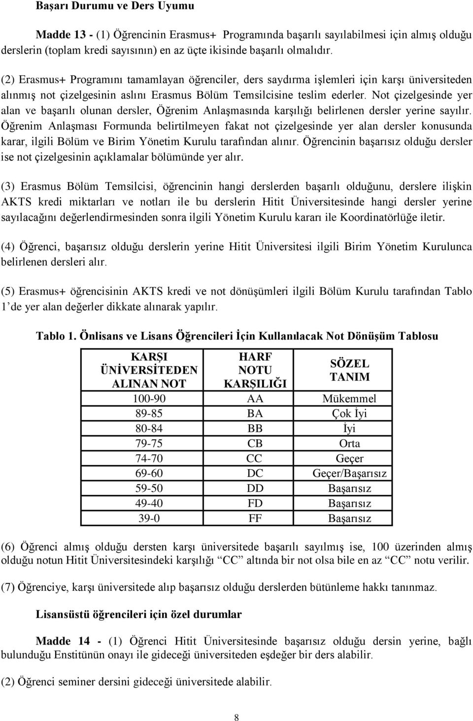 Not çizelgesinde yer alan ve başarılı olunan dersler, Öğrenim Anlaşmasında karşılığı belirlenen dersler yerine sayılır.