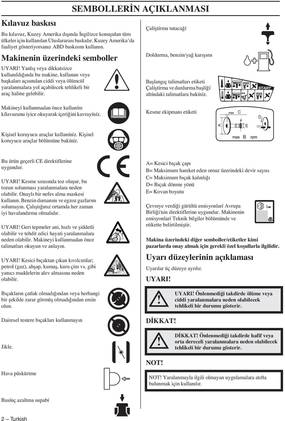 gelebilir. SEMBOLLER N AÇIKLANMASI Çalífltírma tutaca í Doldurma, benzin/ya karıflımı Bafllangıç talimatları etiketi Çalífltírma ve durdurma bafllí í altíndaki talimatlara bakíníz.