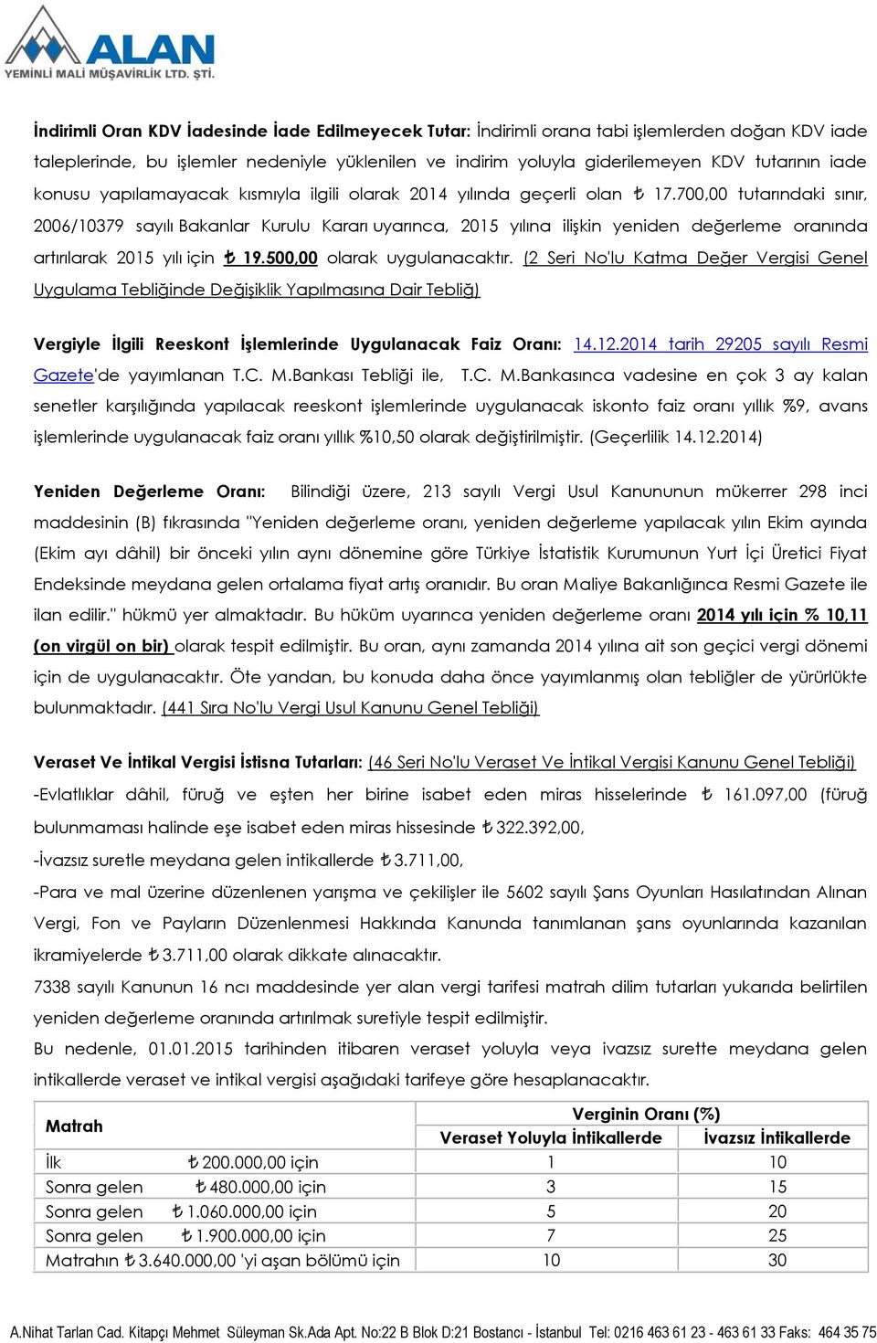 700,00 tutarındaki sınır, 2006/10379 sayılı Bakanlar Kurulu Kararı uyarınca, 2015 yılına ilişkin yeniden değerleme oranında artırılarak 2015 yılı için 19.500,00 olarak uygulanacaktır.