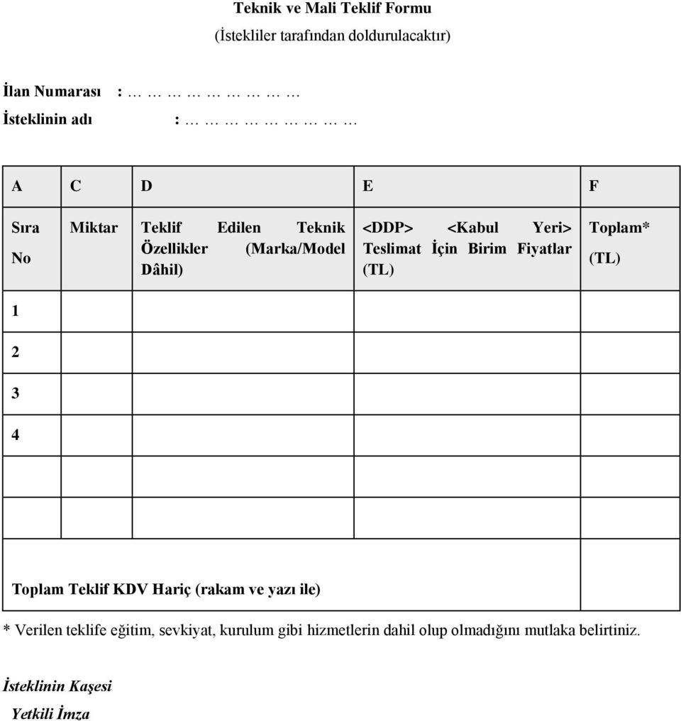 Birim Fiyatlar (TL) Toplam* (TL) 1 2 3 4 Toplam Teklif KDV Hariç (rakam ve yazı ile) * Verilen teklife