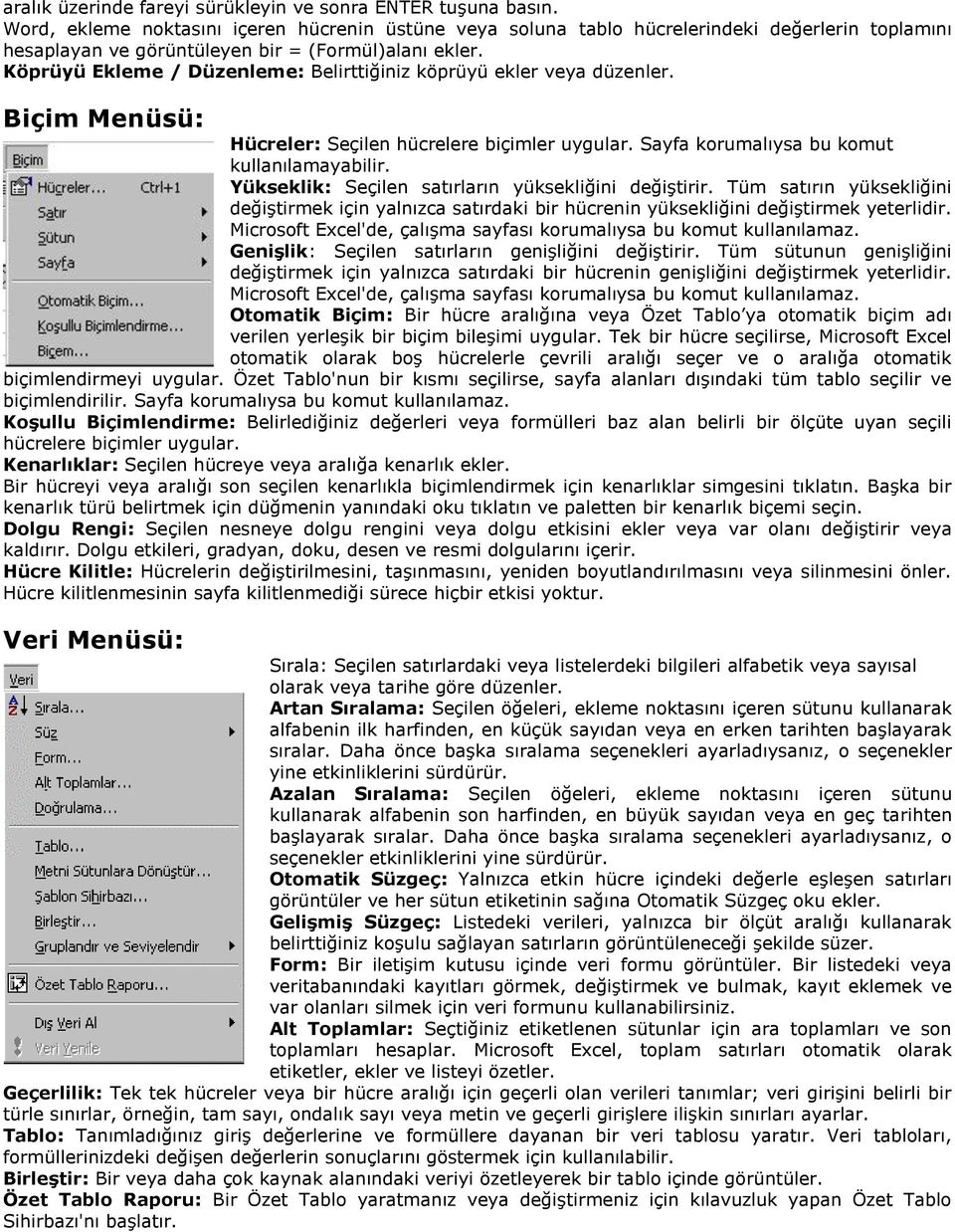 Köprüyü Ekleme / Düzenleme: Belirttiğiniz köprüyü ekler veya düzenler. Biçim Menüsü: Hücreler: Seçilen hücrelere biçimler uygular. Sayfa korumalıysa bu komut kullanılamayabilir.