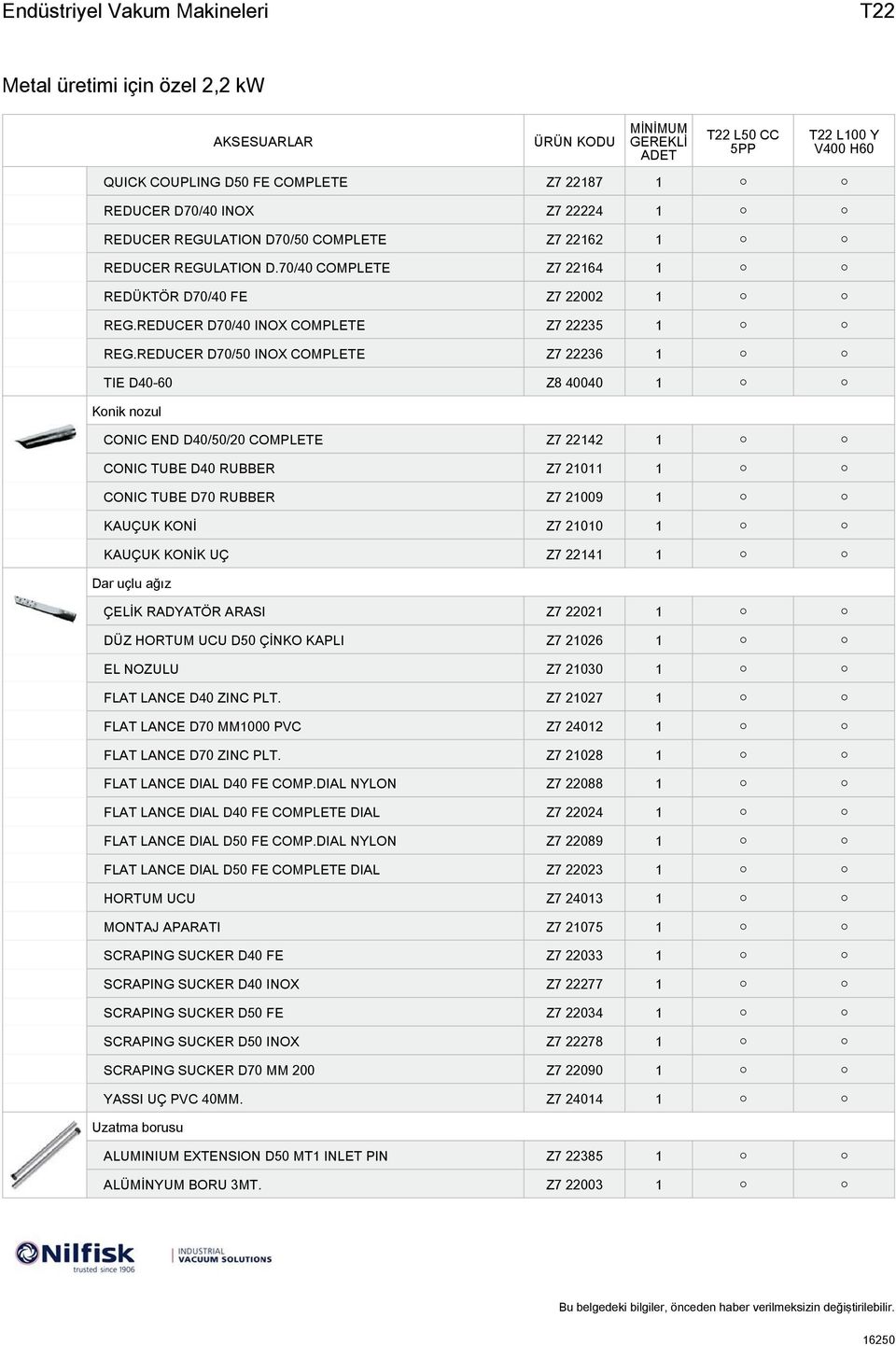 REDUCER D70/50 INOX COMPLETE Z7 22236 1 TIE D40-60 Z8 40040 1 Konik nozul CONIC END D40/50/20 COMPLETE Z7 22142 1 CONIC TUBE D40 RUBBER Z7 21011 1 CONIC TUBE D70 RUBBER Z7 21009 1 KAUÇUK KONİ Z7