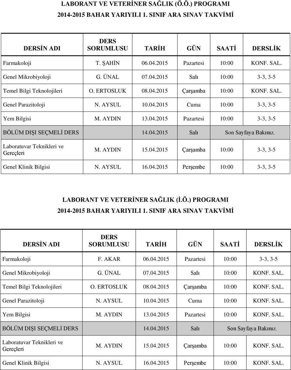 Laboratuvar Teknikleri ve Gereçleri M. AYDIN 15.04.2015 Çarşamba 10:00 3-3, 3-5 Genel Klinik Bilgisi N. AYSUL 16.04.2015 Perşembe 10:00 3-3, 3-5 LABORANT VE VETERİNER SAĞLIK (İ.Ö.