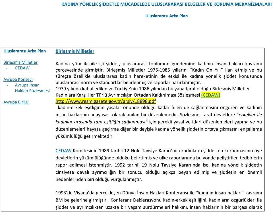 Birleşmiş Milletler 1975-1985 yıllarını Kadın On Yılı ilan etmiş ve bu süreçte özellikle uluslararası kadın hareketinin de etkisi ile kadına yönelik şiddet konusunda uluslararası norm ve standartlar