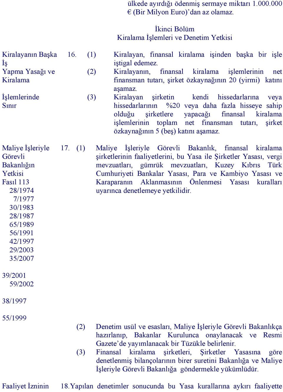 28/1987 65/1989 56/1991 42/1997 29/2003 35/2007 16. (1) Kiralayan, finansal kiralama işinden başka bir işle iştigal edemez.