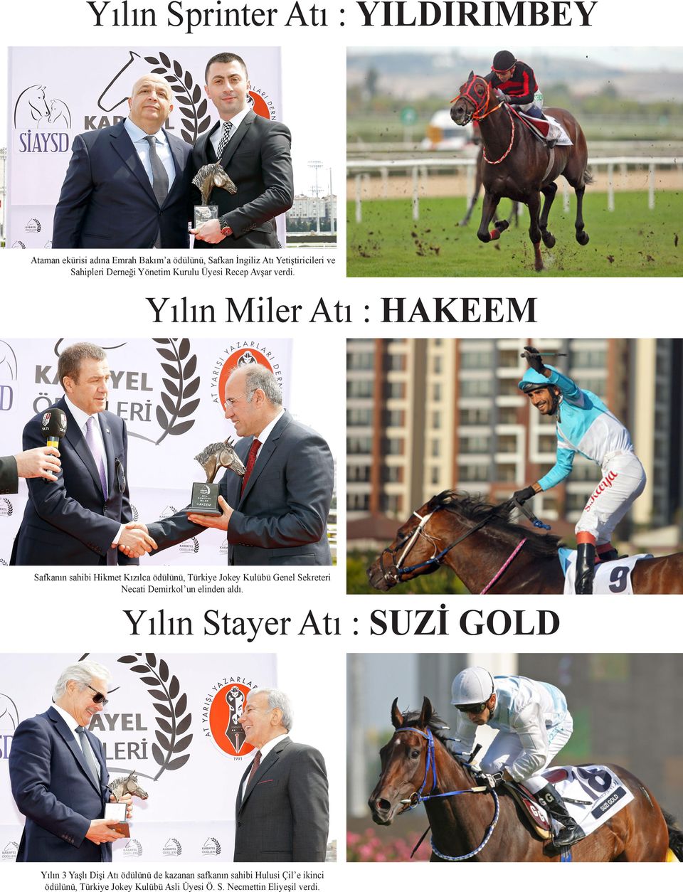 Yılın Miler Atı : HAKEEM Safkanın sahibi Hikmet Kızılca ödülünü, Türkiye Jokey Kulübü Genel Sekreteri Necati Demirkol un