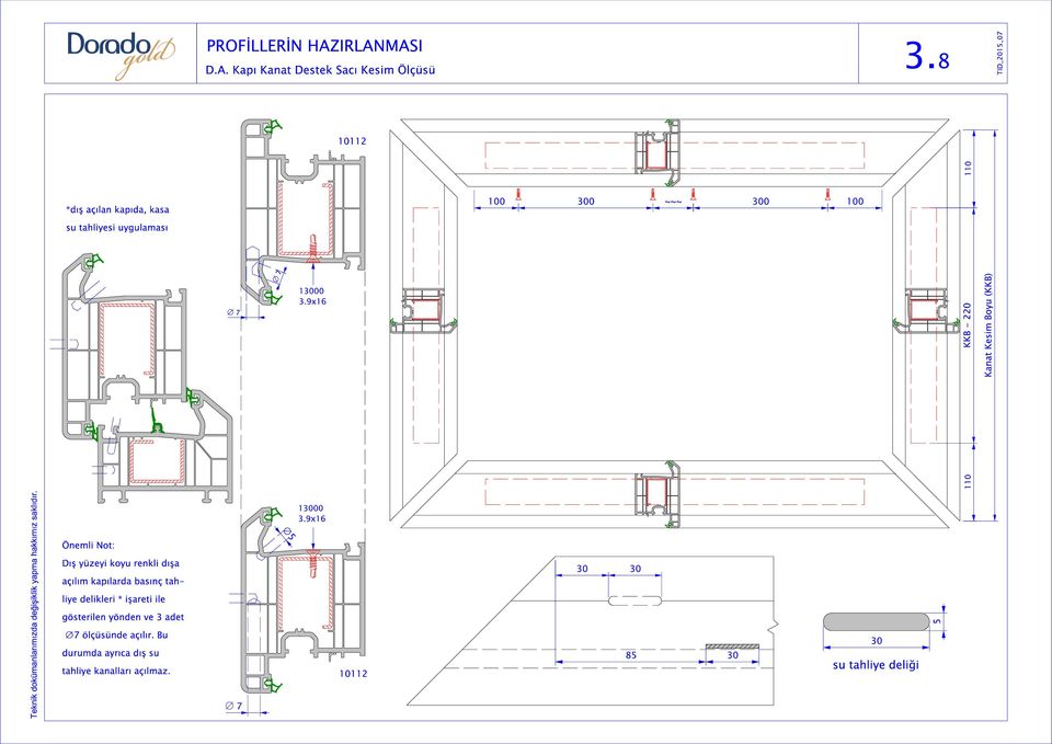 9x16 110 KKB - 0 Kanat Kesim Boyu (KKB) 110 Önemli Not: Dış yüzeyi koyu renkli dışa açılım kapılarda