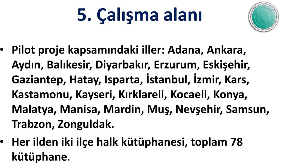 Kastamonu, Kayseri, Kırklareli, Kocaeli, Konya, Malatya, Manisa, Mardin, Muş,