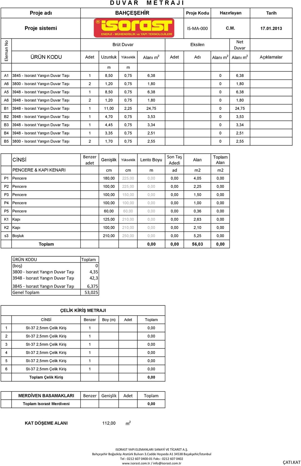 3,53 0 3,53 B3 3948 - Isorast Yangın Taşı 1 4,45 0,75 3,34 0 3,34 B4 3948 - Isorast Yangın Taşı 1 3,35 0,75 2,51 0 2,51 B5 3800 - Isorast Yangın Taşı 2 1,70 0,75 2,55 0 2,55 Topla PENCERE & KAPI