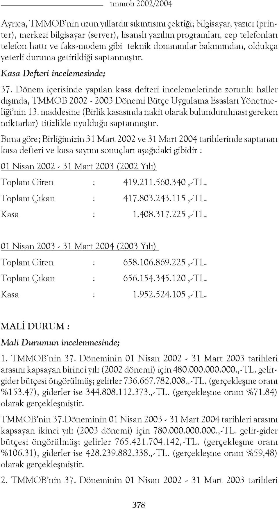 Dönem içerisinde yapılan kasa defteri incelemelerinde zorunlu haller dışında, TMMOB 2002-2003 Dönemi Bütçe Uygulama Esasları Yönetmeliği nin 13.