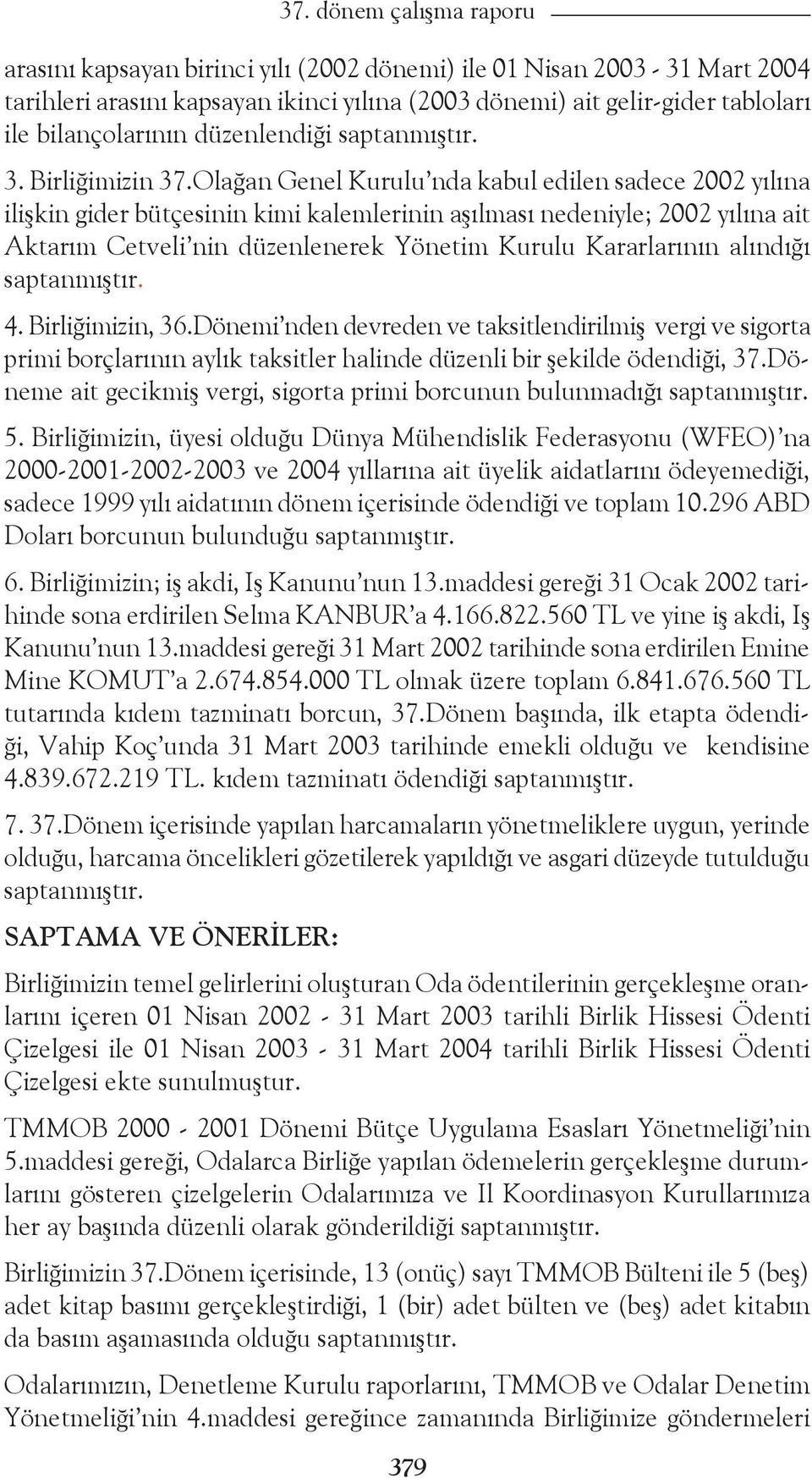 Olağan Genel Kurulu nda kabul edilen sadece 2002 yılına ilişkin gider bütçesinin kimi kalemlerinin aşılması nedeniyle; 2002 yılına ait Aktarım Cetveli nin düzenlenerek Yönetim Kurulu Kararlarının