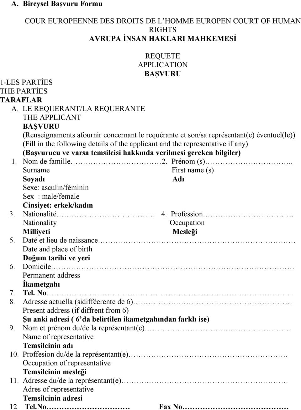 representative if any) (Başvurucu ve varsa temsilcisi hakkında verilmesi gereken bilgiler) 1. Nom de famille 2. Prénom (s).