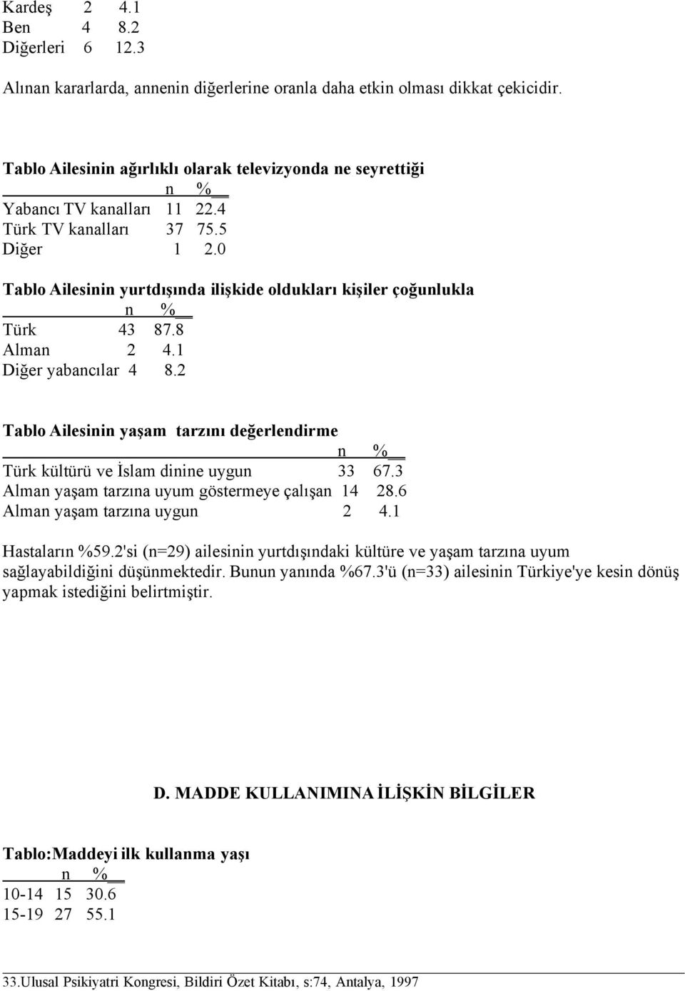 0 Tablo Ailesinin yurtdışında ilişkide oldukları kişiler çoğunlukla Türk 43 87.8 Alman 2 4.1 Diğer yabancılar 4 8.