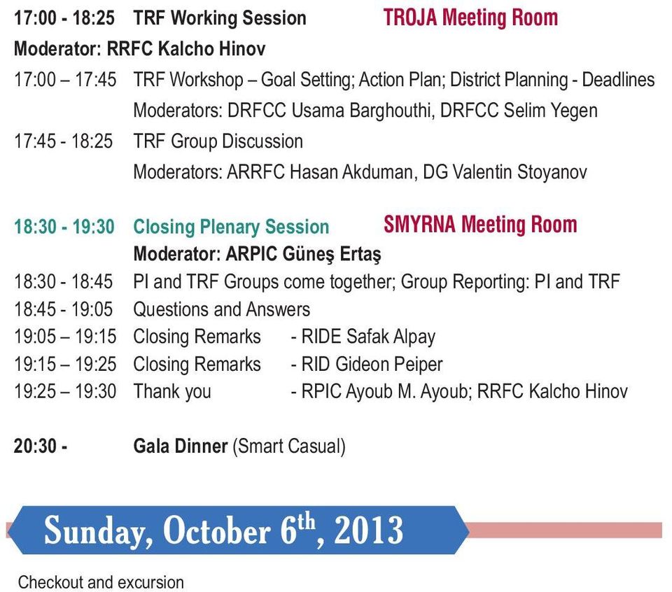 Ertaþ SMYRNA Meeting Room 18:30-18:45 PI and TRF Groups come together; Group Reporting: PI and TRF 18:45-19:05 Questions and Answers 19:05 19:15 Closing Remarks - RIDE Safak Alpay
