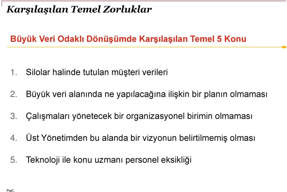 Büyük veri alanında ne yapılacağına ilişkin bir planın olmaması 3.