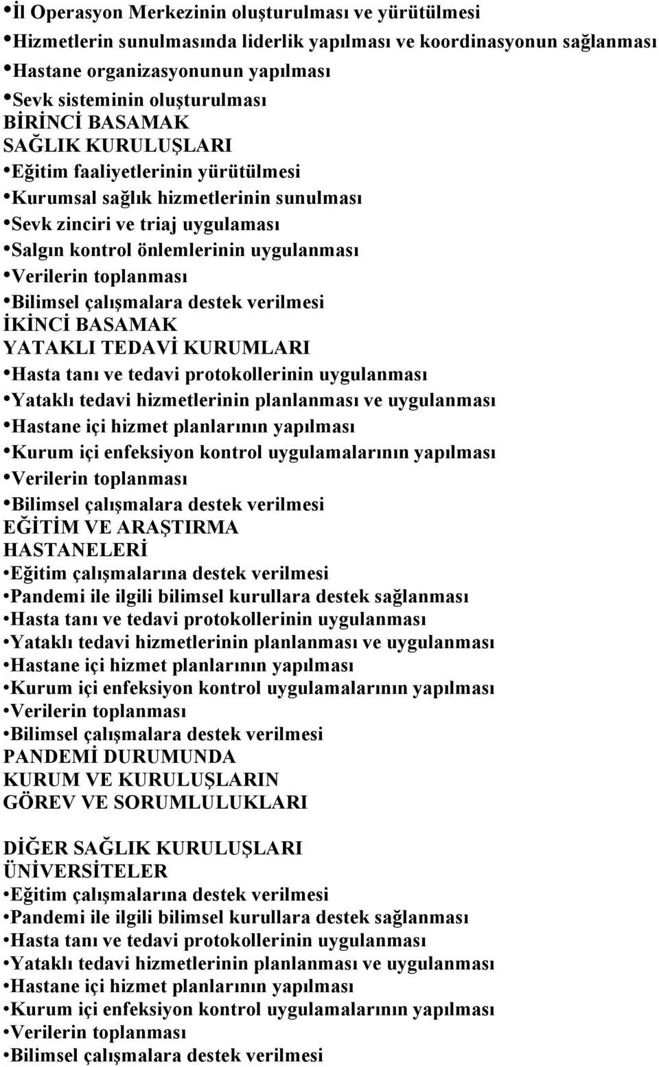 TEDAVİ KURUMLARI Hasta tanı ve tedavi protokollerinin uygulanması Yataklı tedavi hizmetlerinin planlanması ve uygulanması Hastane içi hizmet planlarının yapılması Kurum içi enfeksiyon kontrol