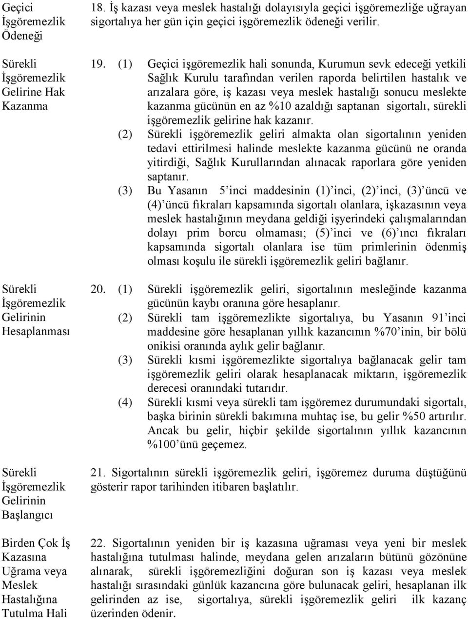 (1) Geçici işgöremezlik hali sonunda, Kurumun sevk edeceği yetkili Sağlık Kurulu tarafından verilen raporda belirtilen hastalık ve arızalara göre, iş kazası veya meslek hastalığı sonucu meslekte