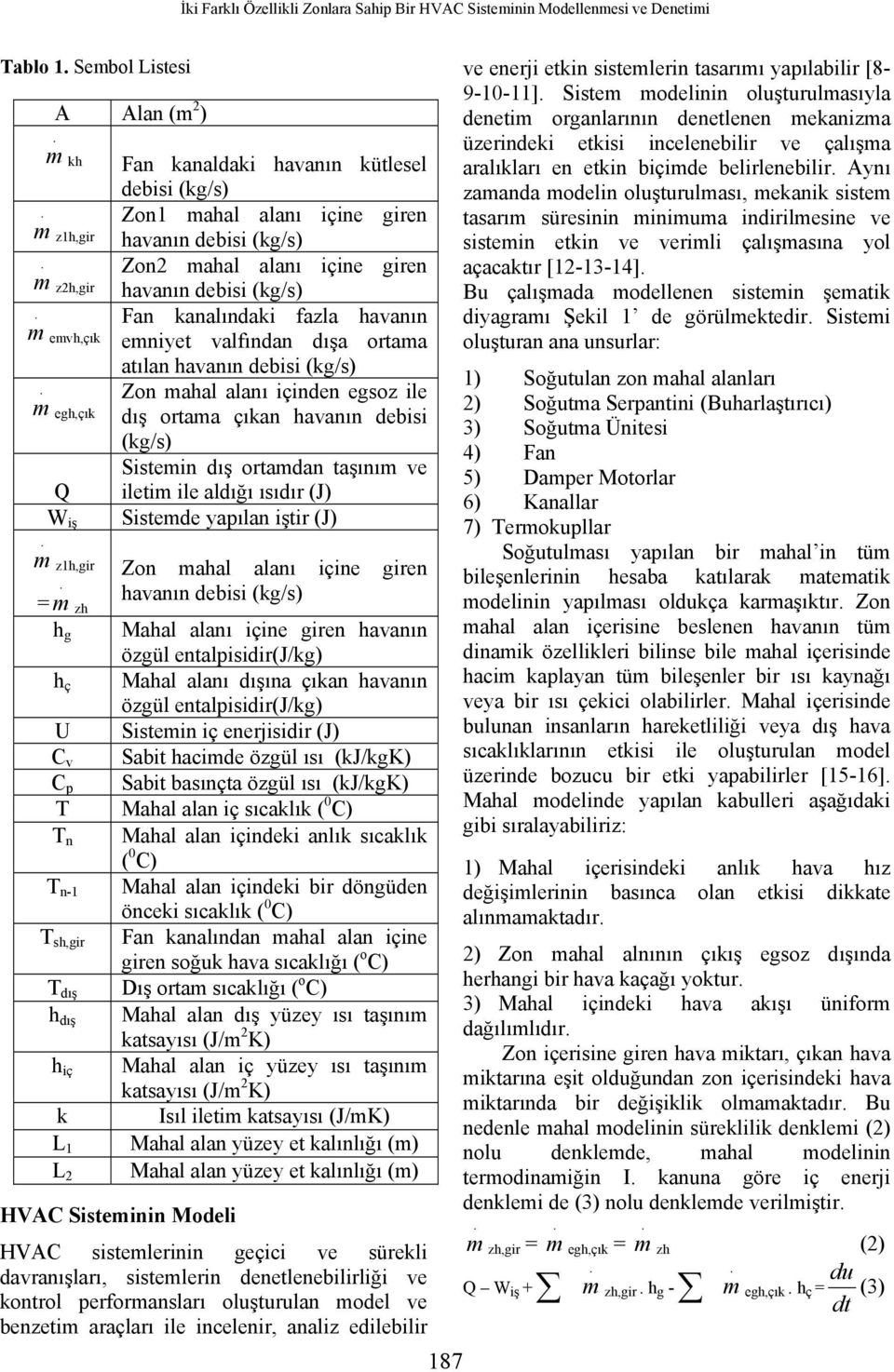 havanın debisi (kg/s) Zon mahal alanı içinden egsoz ile dış ortama çıkan havanın debisi (kg/s) Sistemin dış ortamdan taşınım ve iletim ile aldığı ısıdır (J) Sistemde yapılan iştir (J) Zon mahal alanı