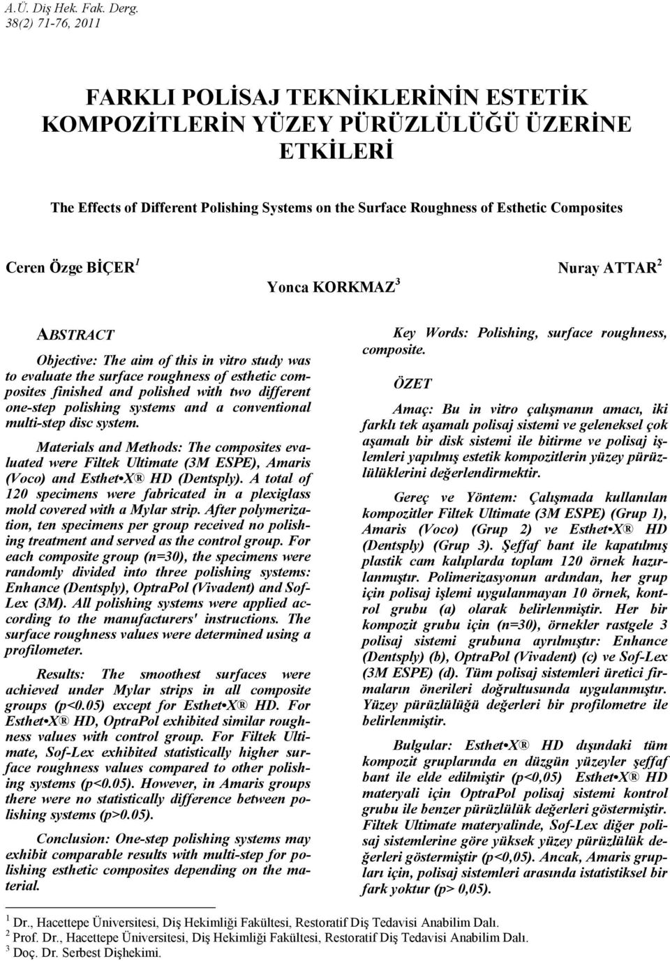 Ceren Özge BĐÇER 1 Nuray ATTAR 2 Yonca KORKMAZ 3 ABSTRACT Objective: The aim of this in vitro study was to evaluate the surface roughness of esthetic composites finished and polished with two