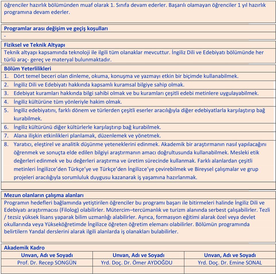 İngiliz Dili ve Edebiyatı bölümünde her türlü araç- gereç ve materyal bulunmaktadır. Bölüm Yeterlilikleri 1. Dört temel beceri olan dinleme, okuma, konuşma ve yazmayı etkin bir biçimde kullanabilmek.