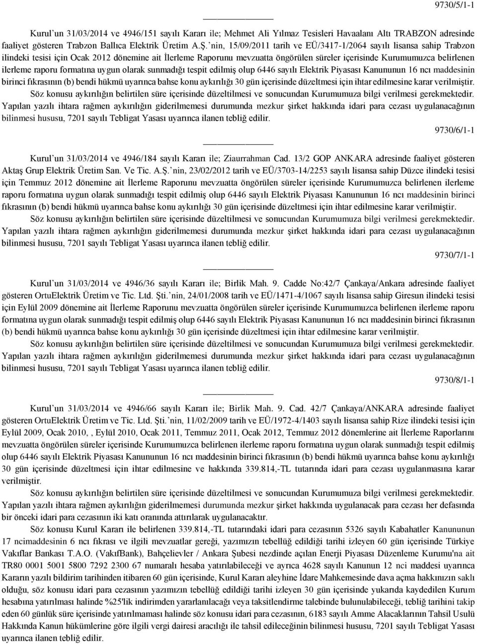 ilerleme raporu formatına uygun olarak sunmadığı tespit edilmiş olup 6446 sayılı Elektrik Piyasası Kanununun 16 ncı maddesinin birinci fıkrasının (b) bendi hükmü uyarınca bahse konu aykırılığı 30 gün