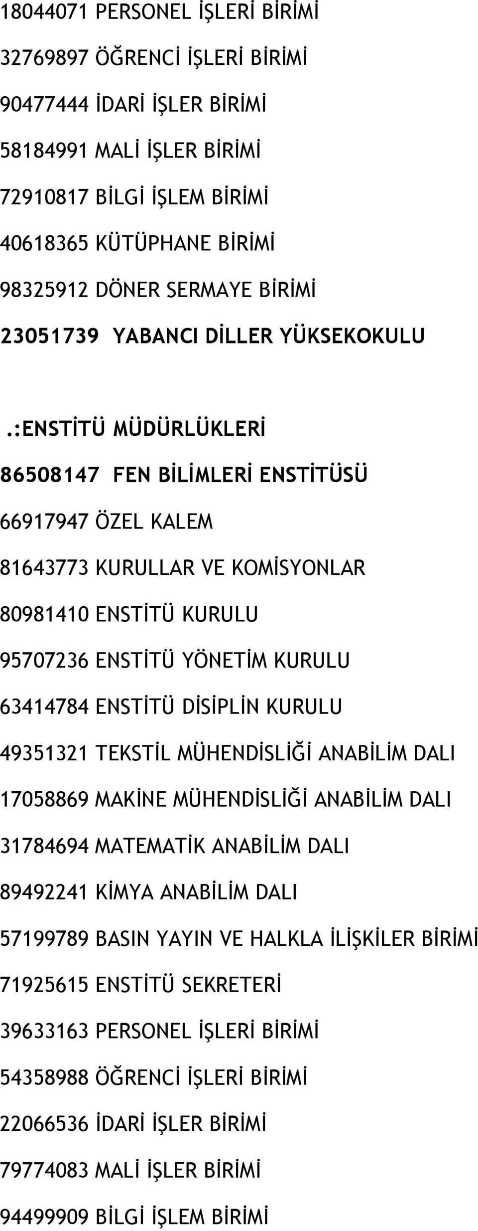 :ENSTİTÜ MÜDÜRLÜKLERİ 86508147 FEN BİLİMLERİ ENSTİTÜSÜ 66917947 ÖZEL KALEM 81643773 KURULLAR VE KOMİSYONLAR 80981410 ENSTİTÜ KURULU 95707236 ENSTİTÜ YÖNETİM KURULU 63414784 ENSTİTÜ DİSİPLİN KURULU