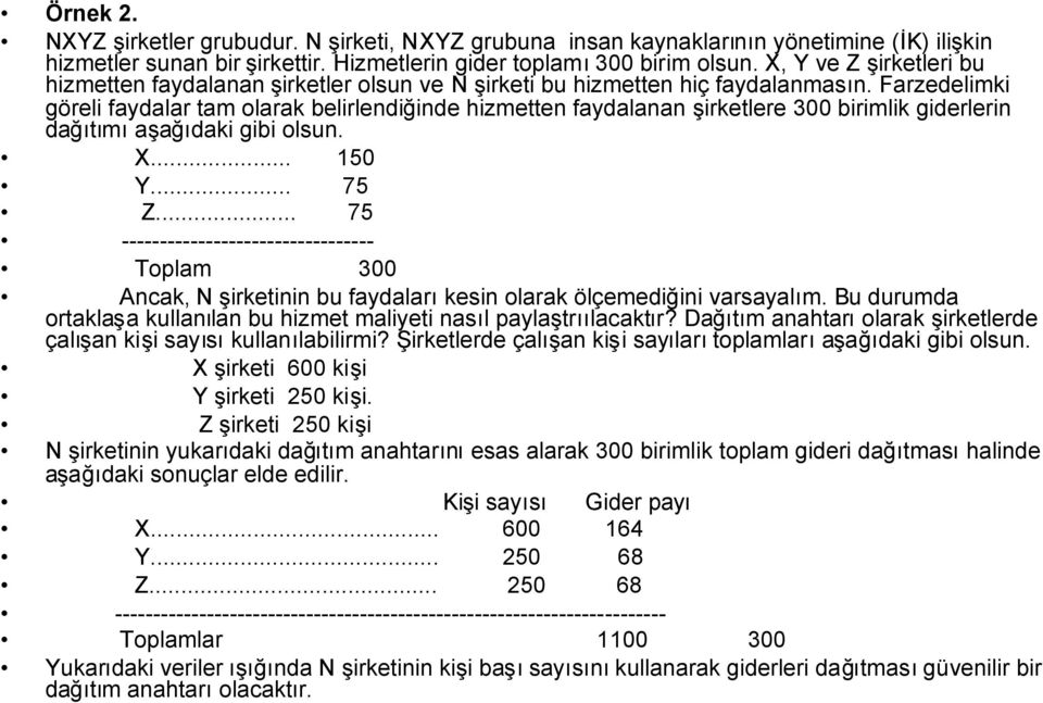 Farzedelimki göreli faydalar tam olarak belirlendiğinde hizmetten faydalanan şirketlere 300 birimlik giderlerin dağıtımıaşağıdaki gibi olsun. X... 150 Y... 75 Z.