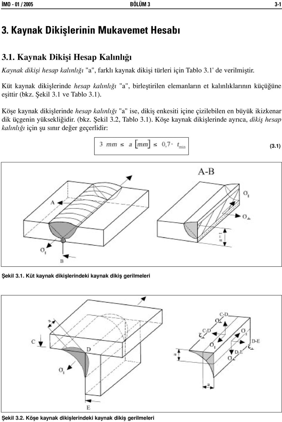 Köfle kaynak dikifllerinde hesap kal nl "a" ise, dikifl enkesiti içine çizilebilen en büyük ikizkenar dik üçgenin yüksekli idir. (bkz. fiekil 3.2, Tablo 3.1).